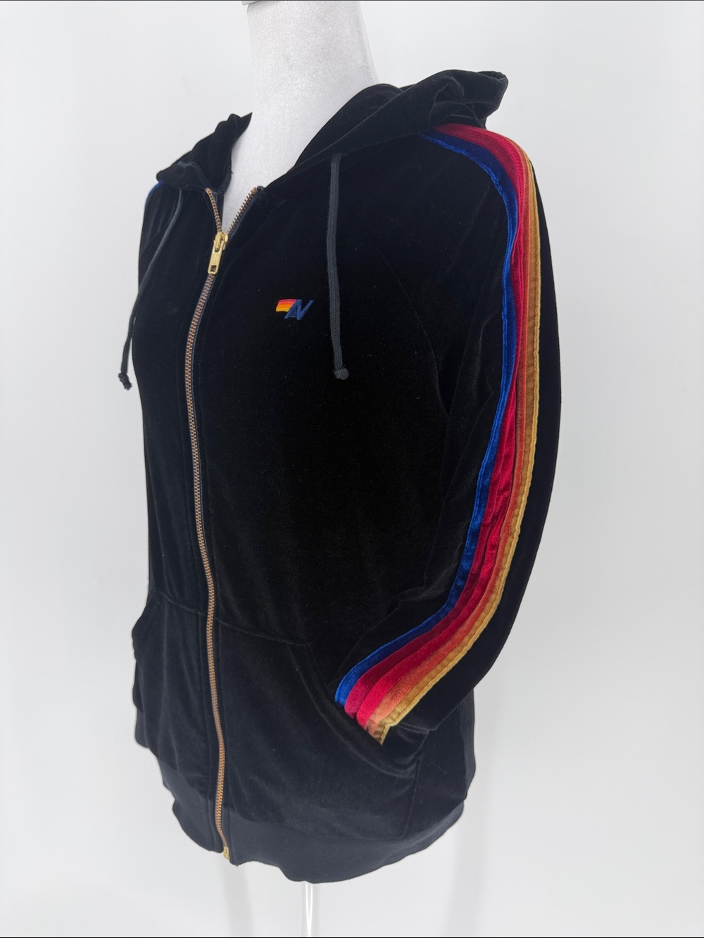 Aviator Nation Black Velour Rainbow Stripe Zip Hoodie Medium USA Made